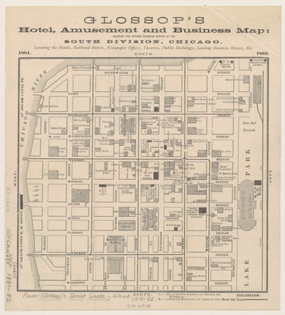 Glossops Hotel, mappa di divertimenti e affari, c.1881-82 da American School